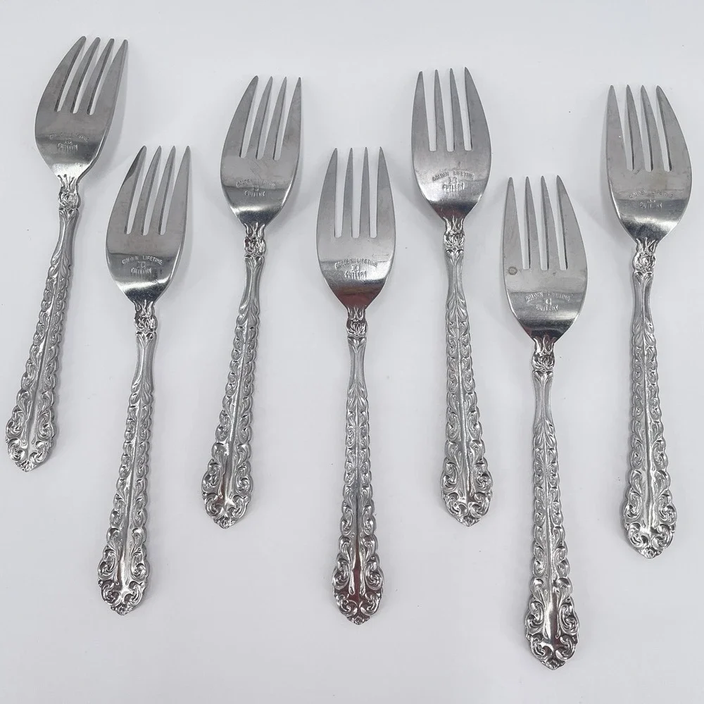 Golden Lifetime Rajah Salad Forks Vintage Ornate Stainless Japan 7pc